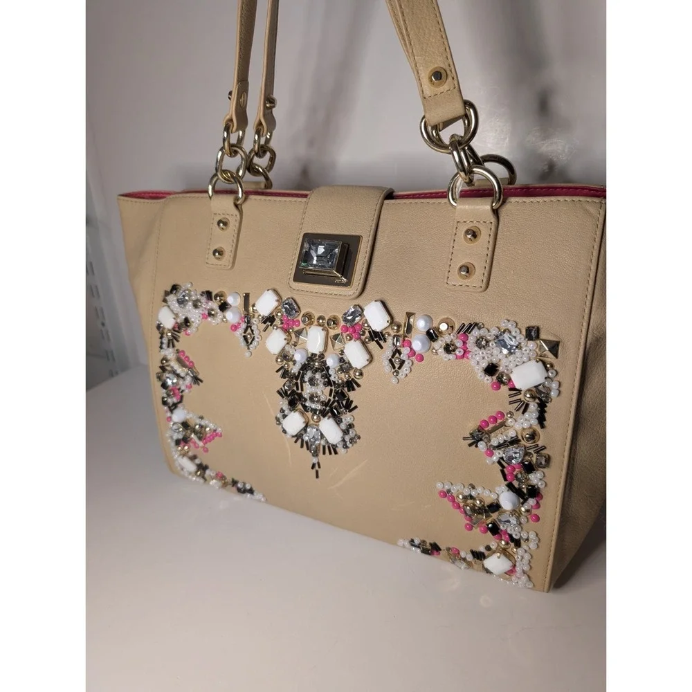 Juicy Couture Freya Genuine Leather Satchel Bejeweled Cream Gold NWT Dust Bag